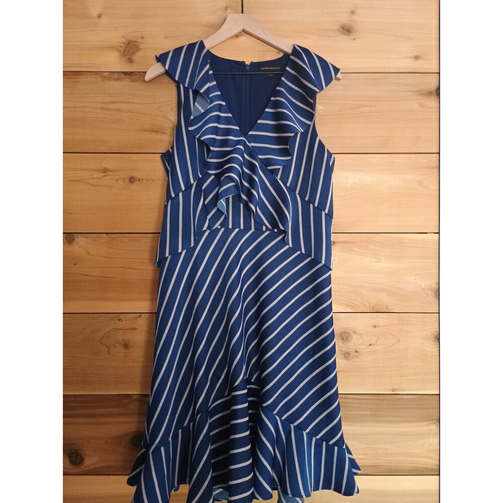 Banana Republic Womens Blue Striped Ruffle Flounce Hem Cross Dress Size 10